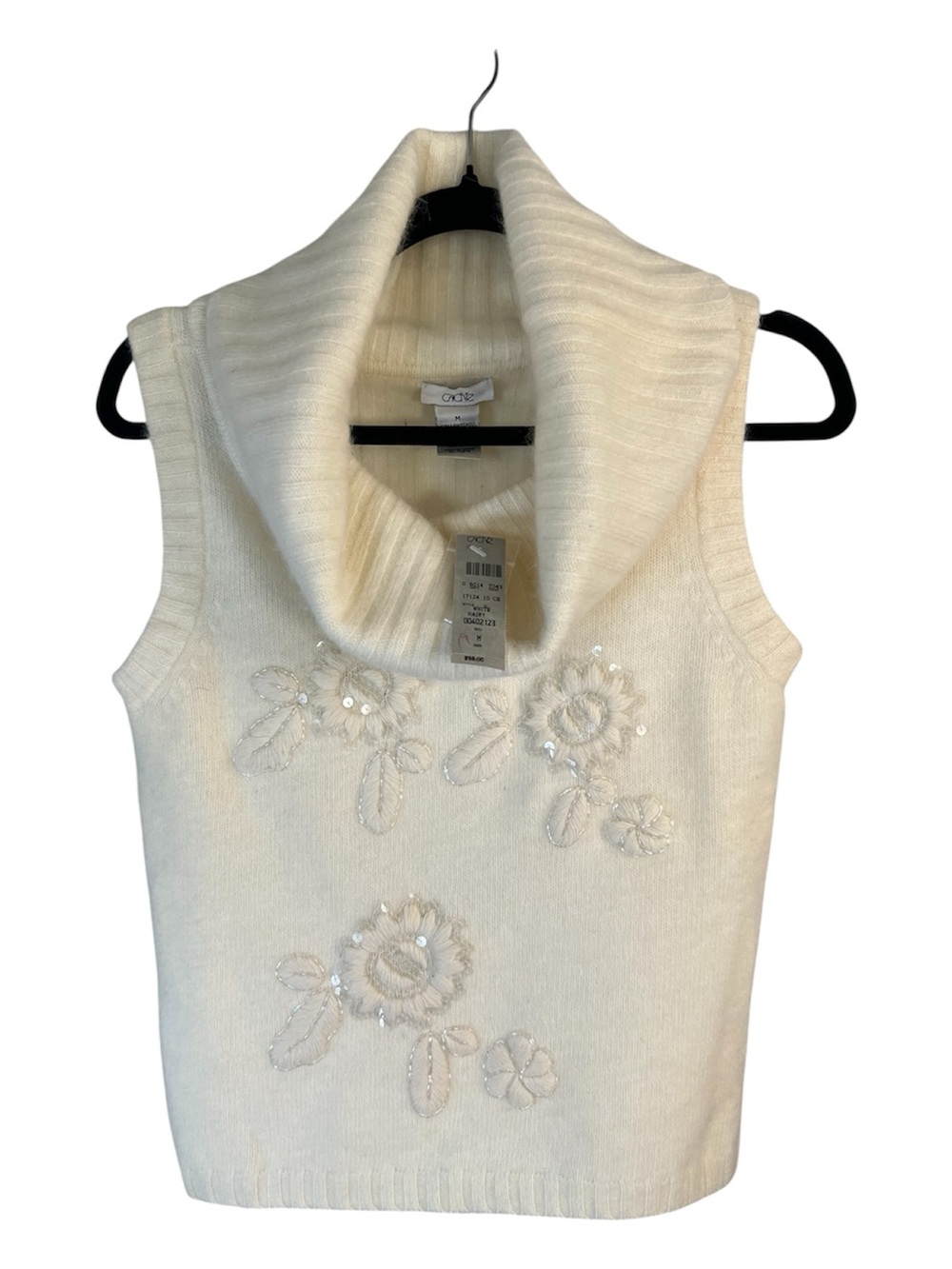 Cache NWT Y2k Cream Angora Blend Soft Sequin Embroidered Cowl-Neck Sweater Vest